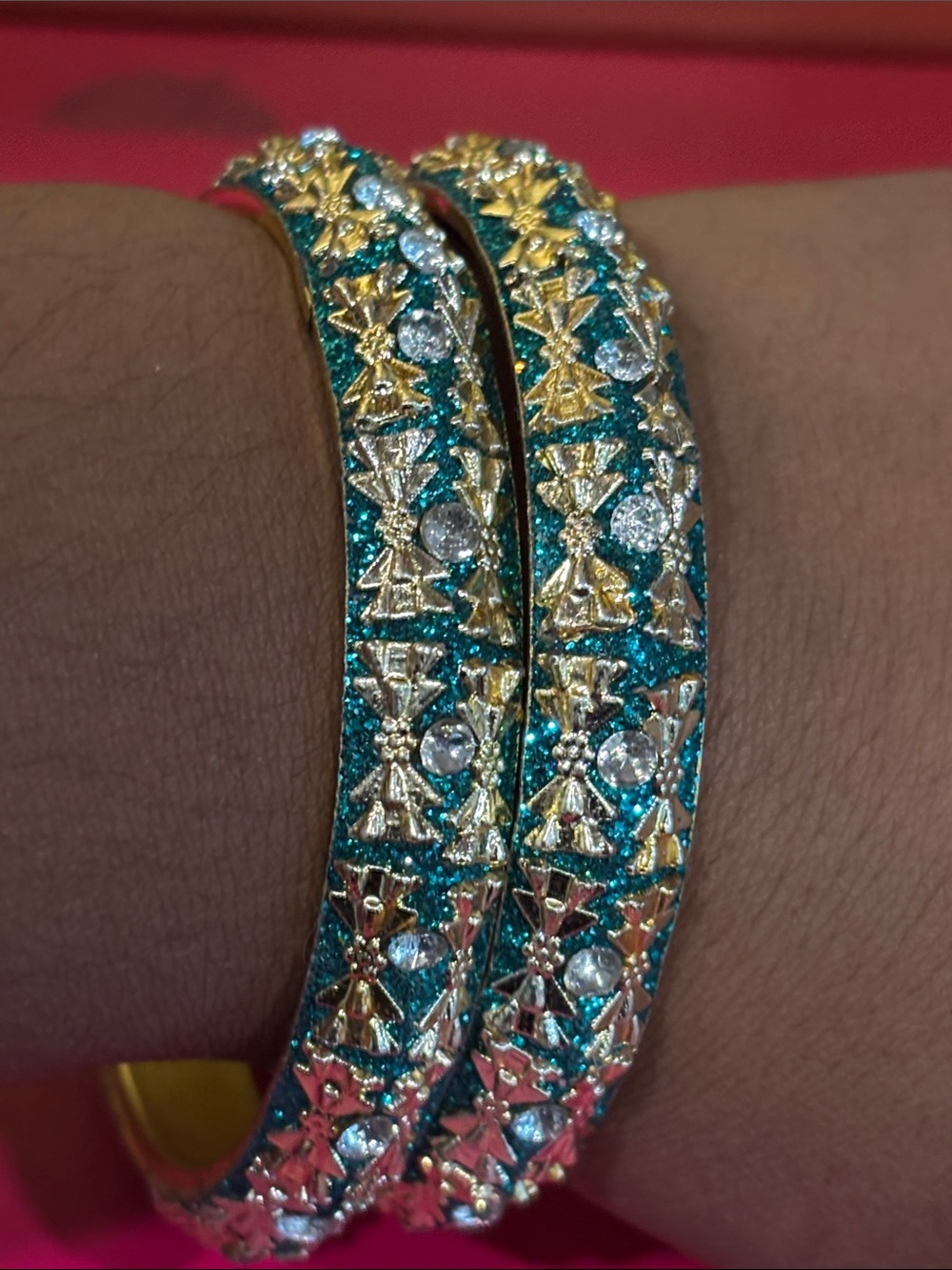 Gold and Teal Crystal Embellished Women's Bangle Set